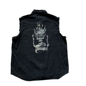 Vintage 2004 Burning Skull Harley Davidson Black Denim Shirt/Vest - Men's XL